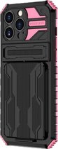 Hoesje geschikt voor iPhone 12 Pro - Backcover - Rugged Armor - Kickstand - Extra valbescherming - TPU - Zwart/Roze