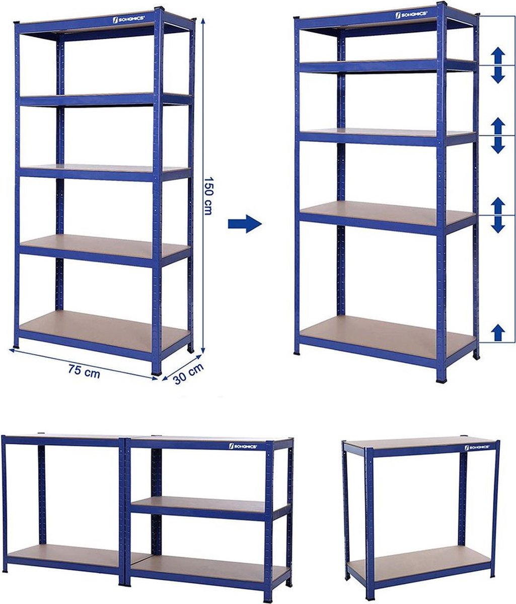 Opbergrek - Set Van 2 Opbergrekken - Industriële Opbergrekken - 5 Planken - Opbergrekken - Blauw - 30 x 75 x 150 cm