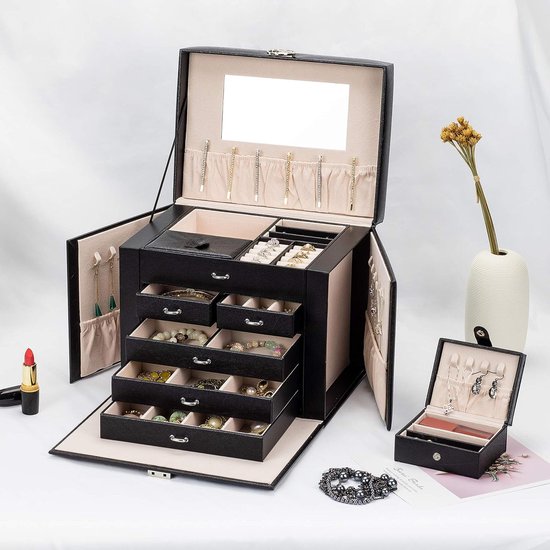 Sieradendoos, sieradenorganizer met lade, leren opbergdoos met slot in 2 niveaus, opbergdoos voor sieraden voor kettingen, oorbellen, armbanden en ringen, wit Sieradendoos, sieradenorganizer met lade, leren opbergdoos met slot in 2 niveaus, opbergdoos voor sieraden voor kettingen, oorbellen, armbanden en ringen, wit