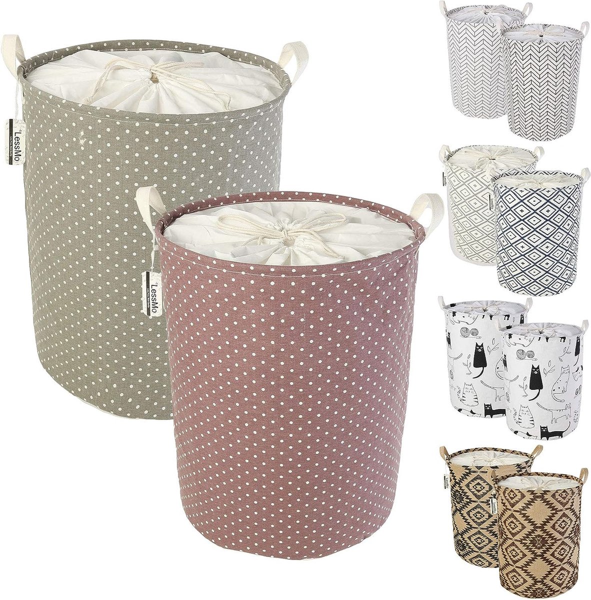 Goedkoopste LessMo Wasmand met trekkoord, opbergsorteerder, opvouwbare pop-up wasmanden, waterdicht rond katoenlinnen, [2 stuks, verdikt 19,7 /groot]