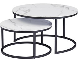 Happyment Luxe Salontafel wit - Marmour look - Set van 2 - Landelijk - Woonkamer - Zwart frame - Rond - 80 en 60cm