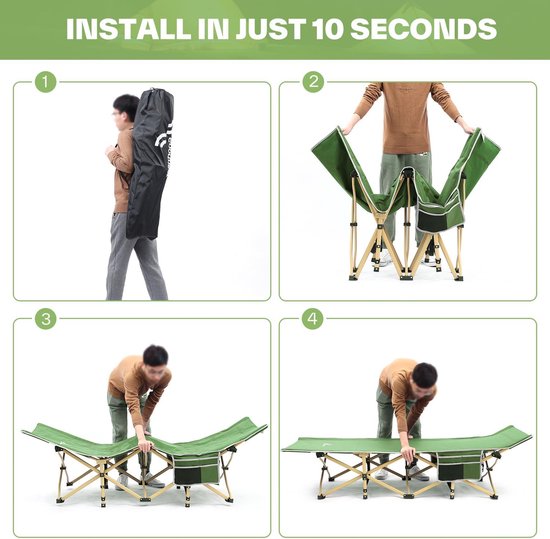 Campingbed met draagtas voor volwassenen, extra groot, inklapbaar, klapbed, campingbed, campingbed voor buiten, tuin, binnen, 204 kg, groen van Camp — afbeelding 4