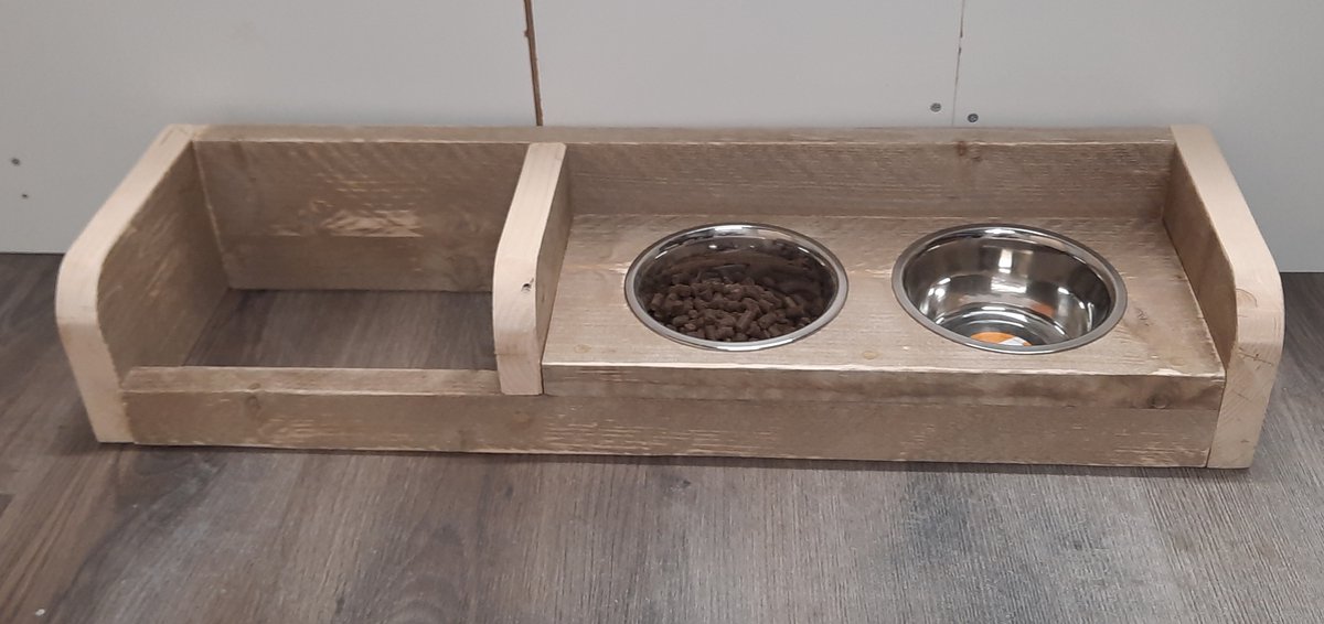 Houten honden voerbak en drinkbak “Fleur klein” – Eat&Play – Gebruikt steigerhout – voor de hond - opbergen