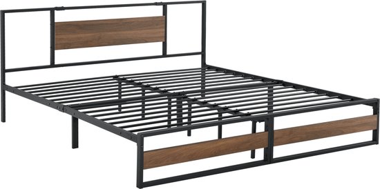 Metalen bed Lee - Bedframe - 180x200 cm - Zwart en Walnoot - Modern design
