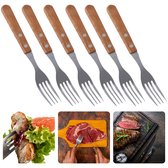 Set de 6 fourchettes à steak Cheqo® - 19,5 cm - Manche en acier inoxydable et bois - Perfect pour le BBQ - Fourchettes à steak
