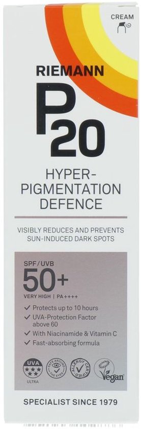 RIEMANN P20 HYPER-PIGMENTATION DEFENCE crème met SPF/UVB 50+. Beschermt tot 10 uur. Met Niacinamide & Vitamine C. Vegan.