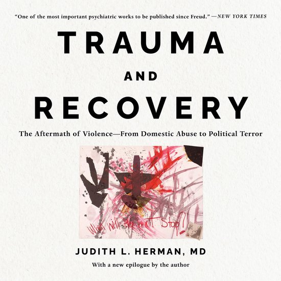 Boek "Trauma and Recovery" met abstracte, kleurrijke afbeelding met rode en zwarte lijnen en vormen. Titel: "TRAUMA AND RECOVERY".