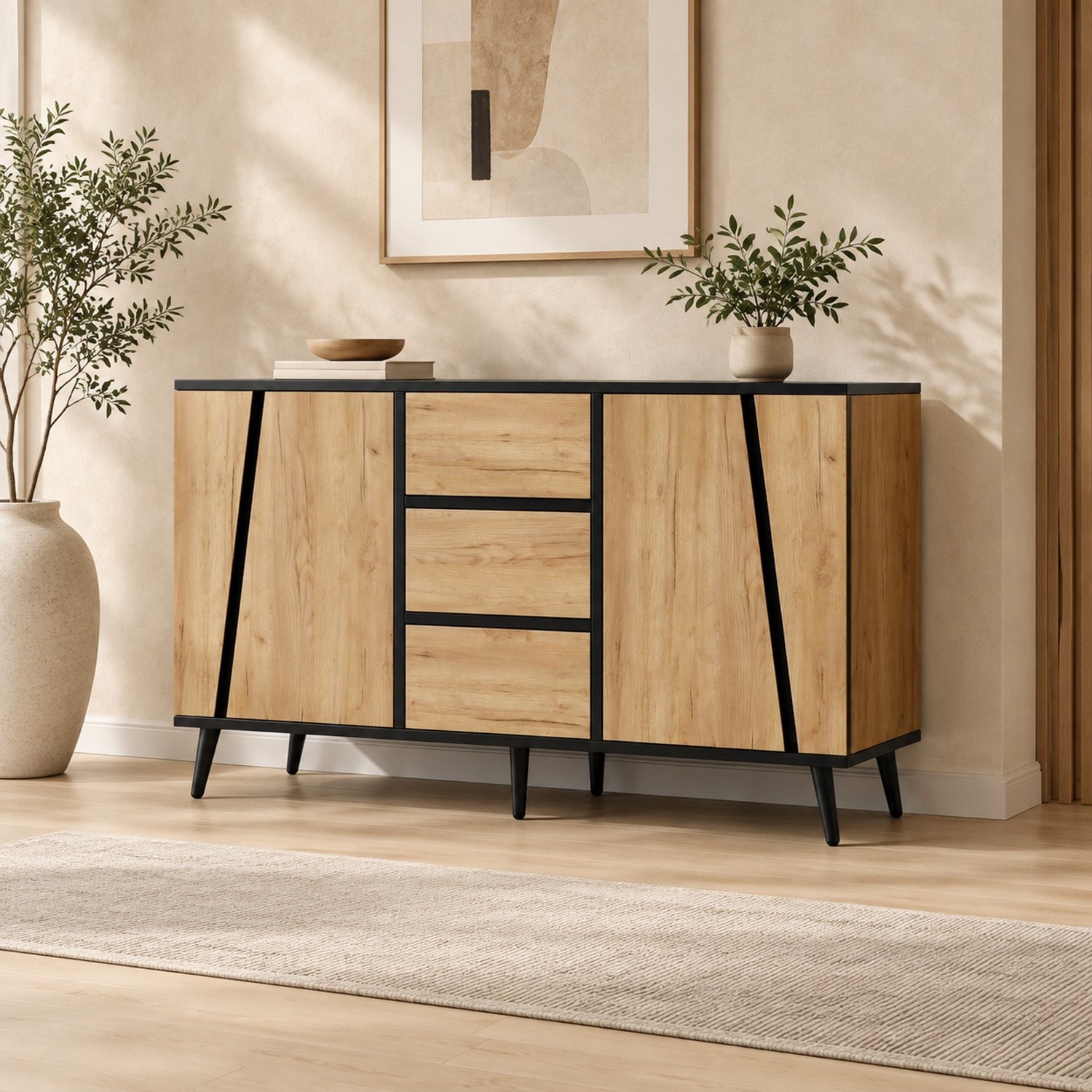 MODENUIT Dressoir - 2 Deuren, 3 Lades - Verstelbare Planken - MDF, Spaanplaat - 120x40x70 Cm - Naturel/Zwart Naturel + zwart