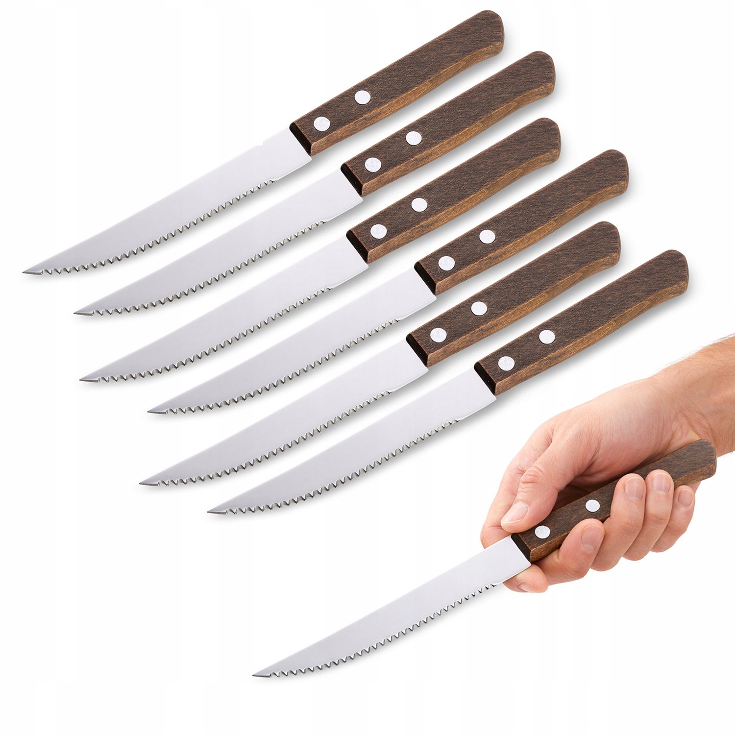 6-delige set steakmessen met houten handvat, roestvrij staal