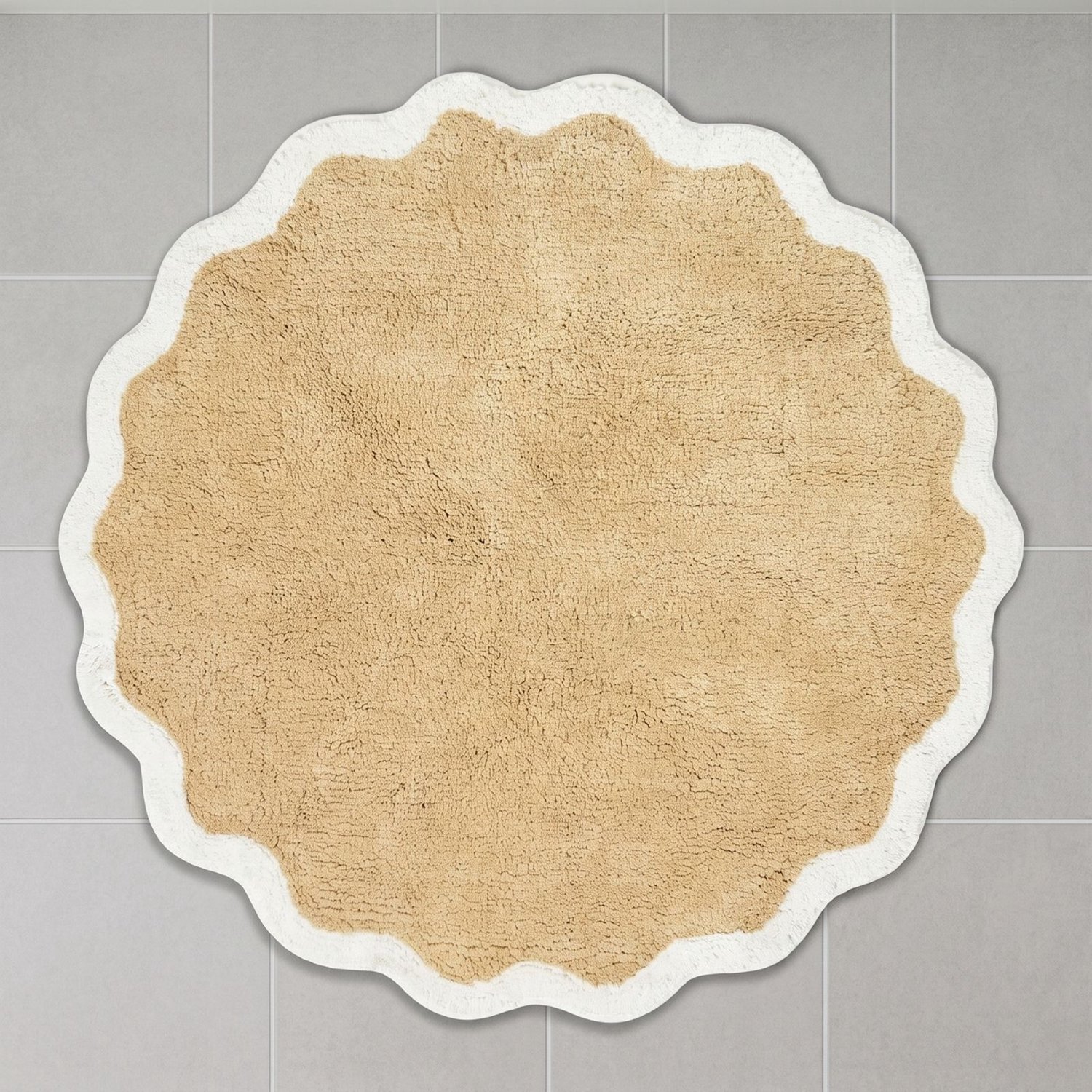 Homescapes Badematte rund mit Wellenrand 70 cm – Runder Badteppich beige, 100 % Baumwolle
