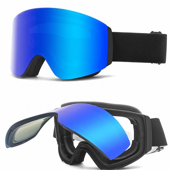 Luckystar Skibril - Magnetische Flip-up & Folding Snowboardbril voor Dames en Heren - Randloos Spiegelend Design - Dubbele Anti-condens & UV400 - OTG (Geschikt voor Brildragers)– Blauwe Lens