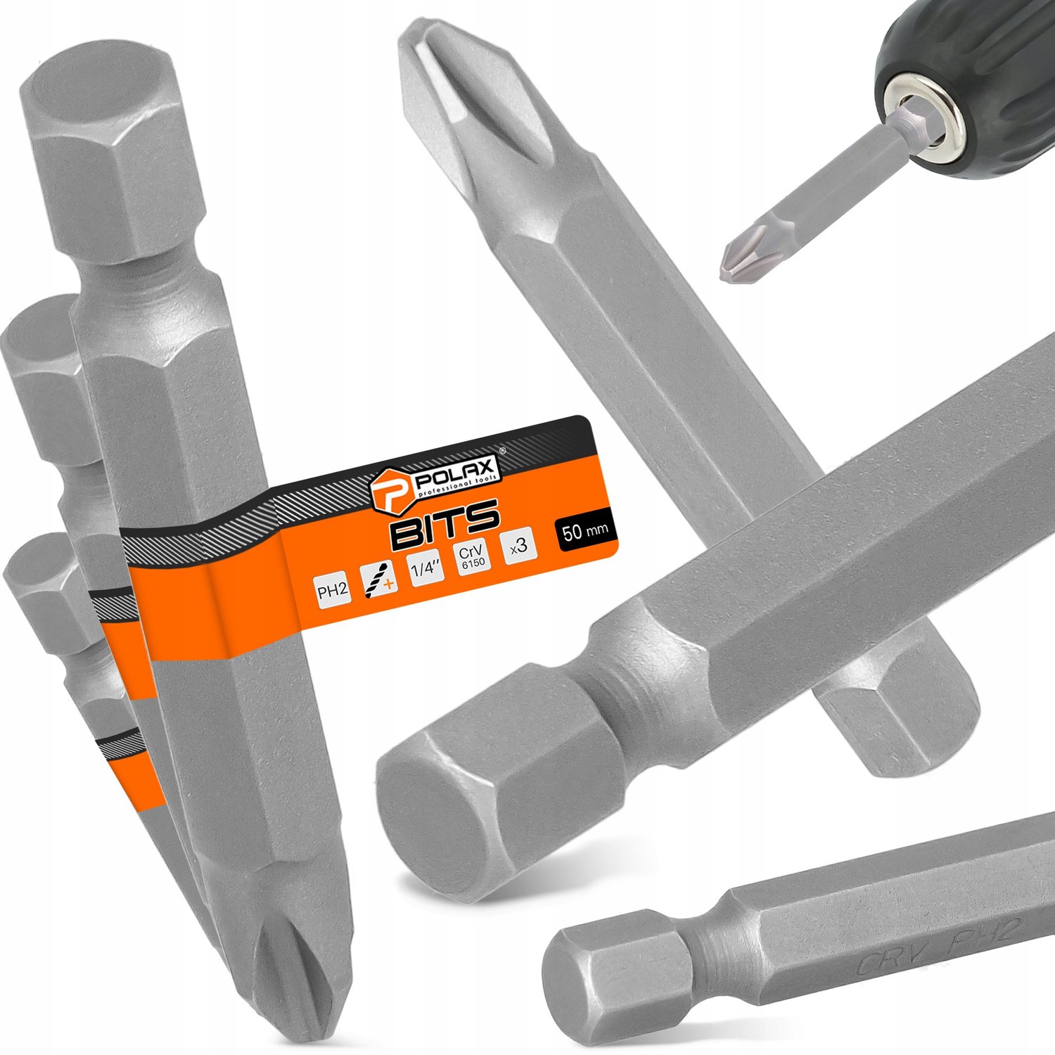 3x PH2 Schroefbits 50mm 1/4" Magnetisch - CrV Staal