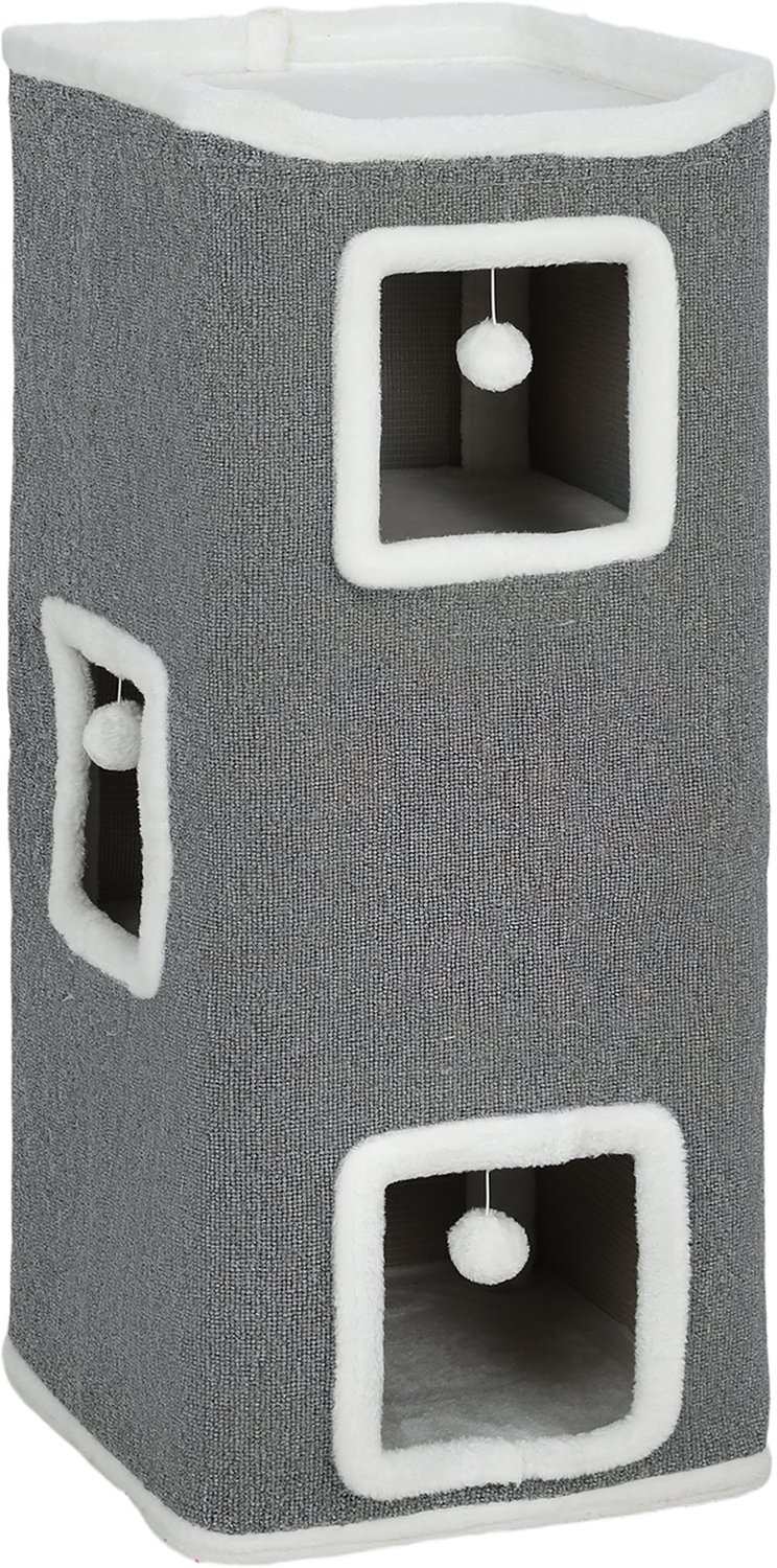 Pawona Krabton 4-laags - Met 3 kattenholletjes en speelballen - 41 x 41 x 100 cm - Grijs/Wit