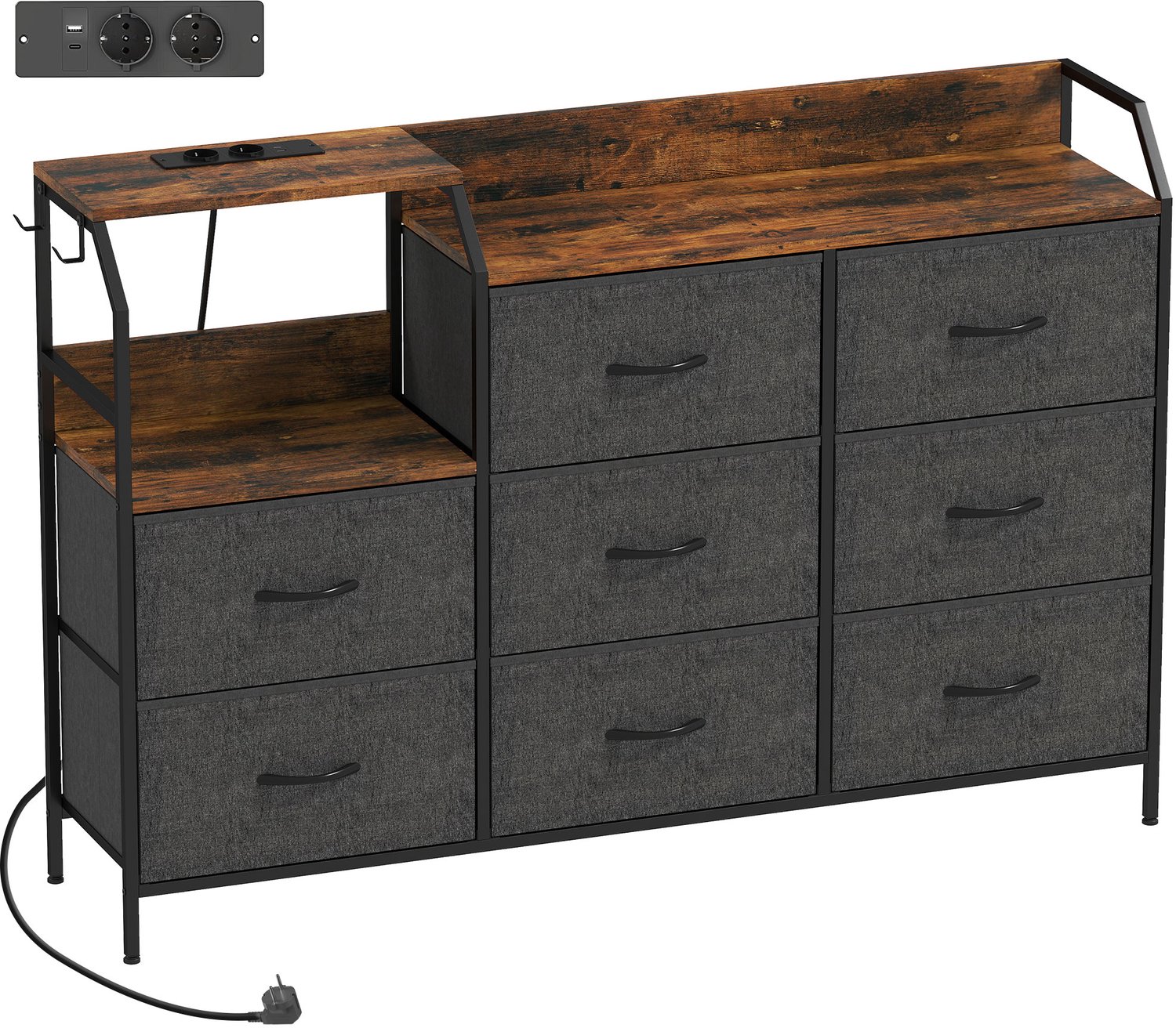 Homona Ladekast met 8 stoffen lades - Met laadstation, USB-C en 2 haken - 130,5 x 30 x 88 cm - Rustiek bruin/zwart Multi