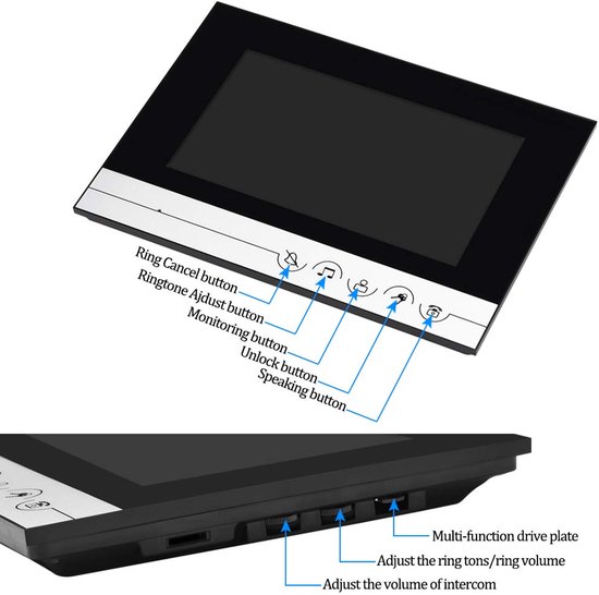 Video Deurbel Intercom 7 Inch Helder Display - 700TVL Nachtzicht Camera - Bekabeld Elektrisch - Kunststof Metaal - Binnen Wandmontage — afbeelding 4