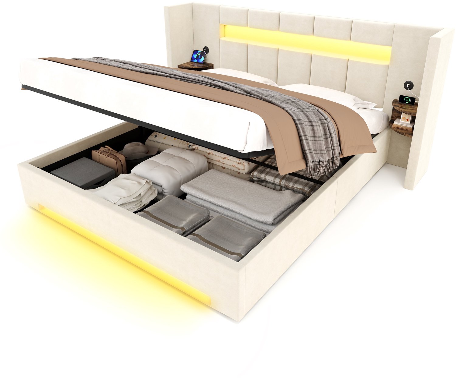 Merax Gestoffeerd Bed 160 x 200 cm - Beige Fluweel - Bed Met Opbergruimte - LED Verlichting - 2 Oplaadaansluitingen - 2 Nachtkastjes - Hydraulisch Liftsysteem