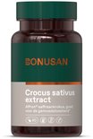 Fles met 60 capsules van Bonusans Crocus sativus extract. Donkergroen met grijs label.