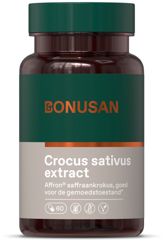 Fles met 60 capsules van Bonusans Crocus sativus extract. Donkergroen met grijs label.