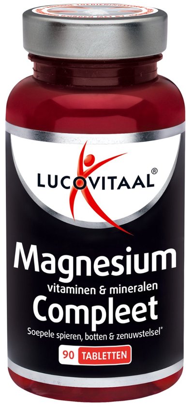 Pot Lucovitaal Magnesium vitaminen & mineralen Compleet met 90 tabletten. Het label is zwart met witte en rode tekst.