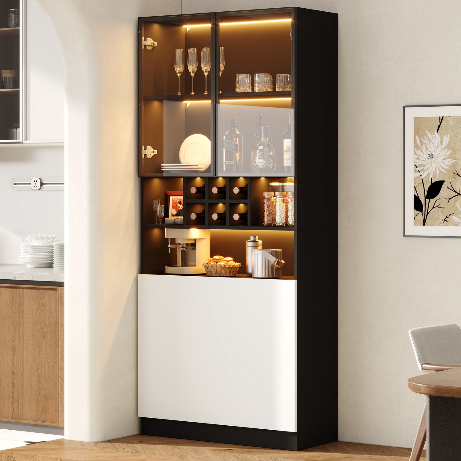 Clruro Vitrinekast - 80×30×180 cm - LED - Wijnrek en 2 Deuren - Spaanplaat/Glas - Wit/Zwart
