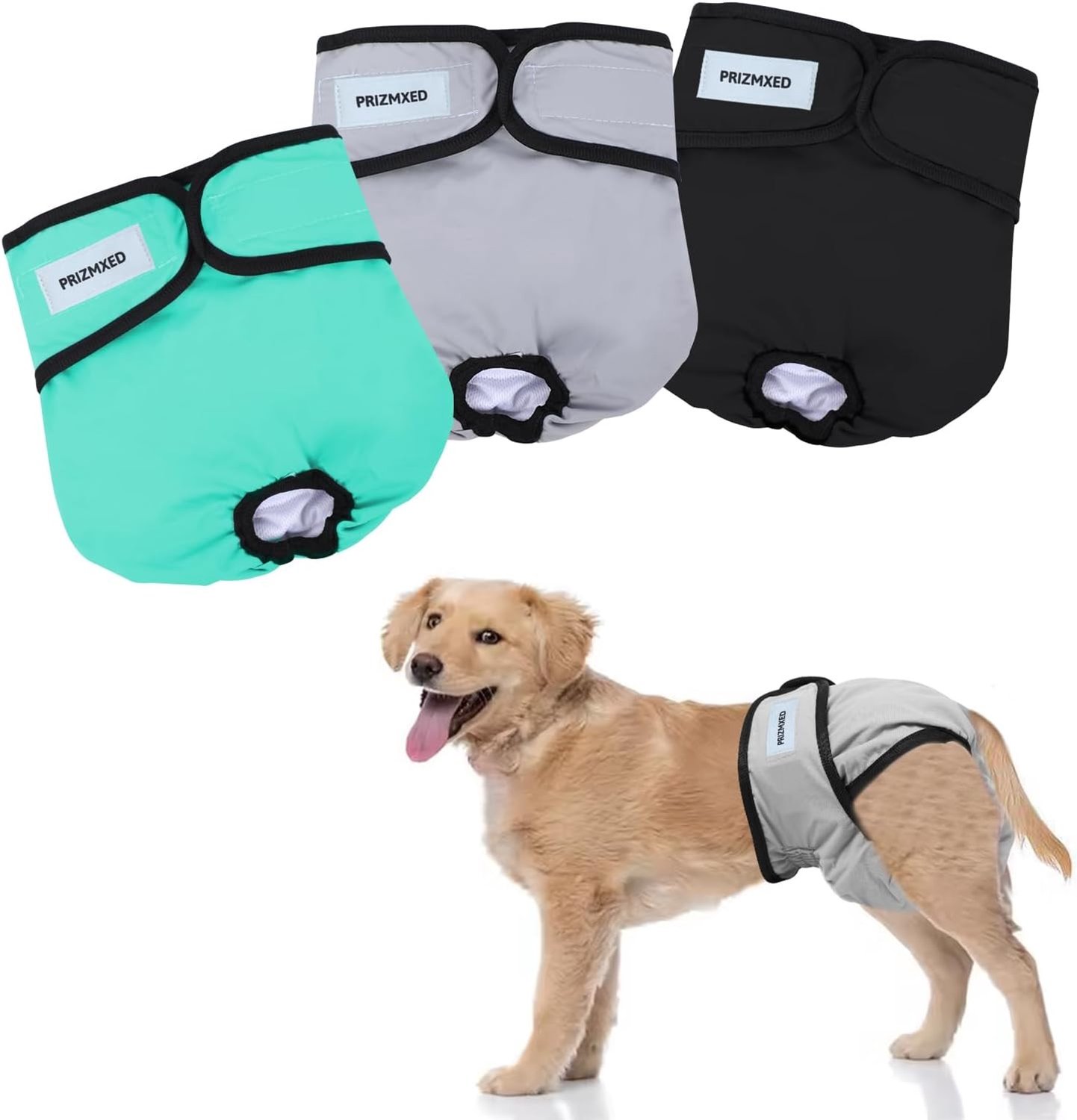 Drie herbruikbare hondenbroekjes, super absorberend en comfortabel, hondenluiers voor grote honden (zwart + groen + beige, maat L, 3 stuks)