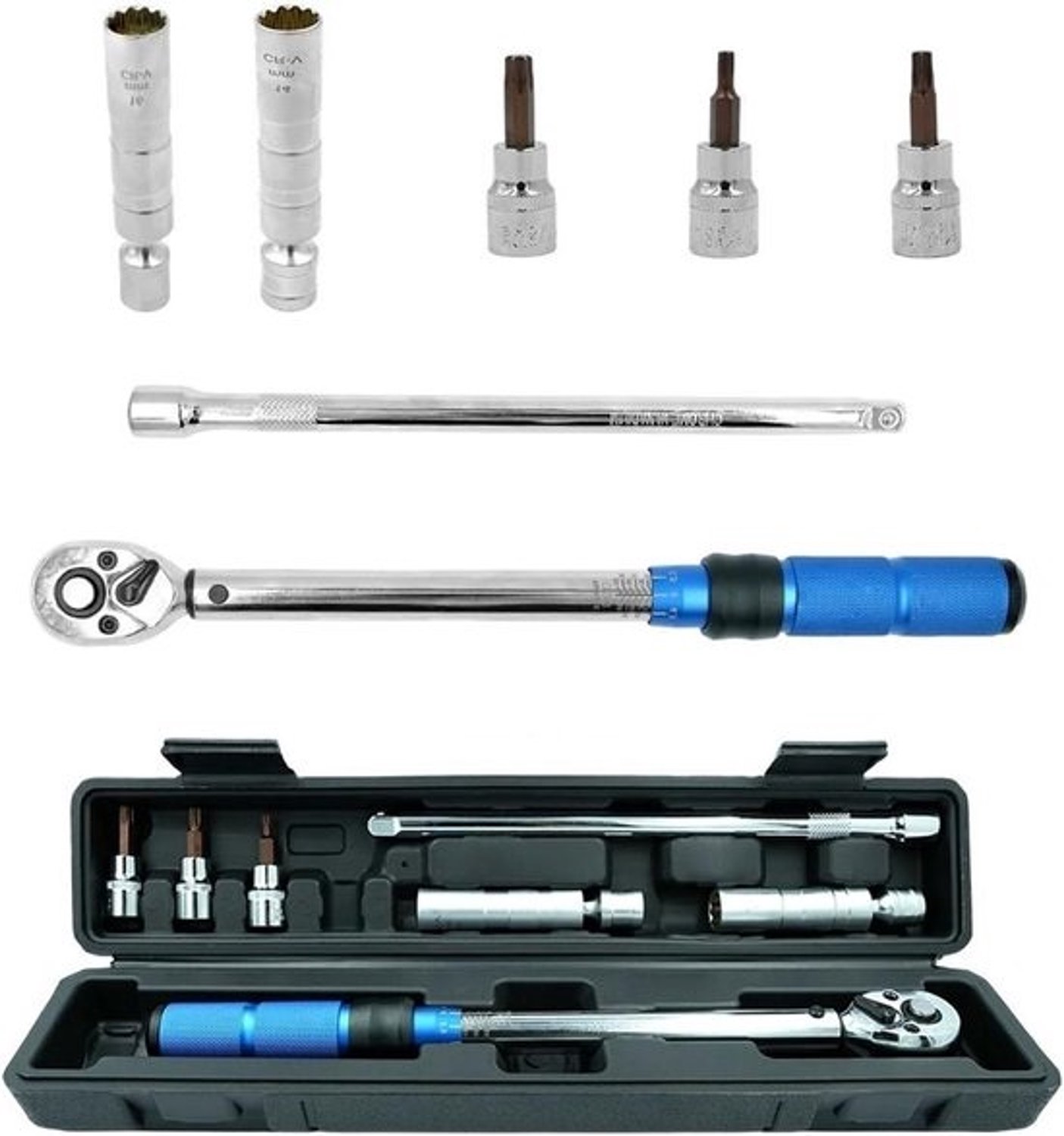 Momentsleutelset - Dopsleutelratel - Motorreparatie - Instelbaar klikmechanisme - 3/8 inch - 7-delig - Blauw, zilver, zwart