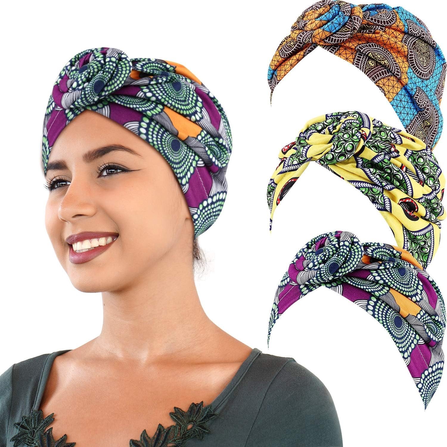 3-delige Afrikaanse turban set in geel, oranje en groen - Stijlvolle hoofdbedekking voor elke gelegenheid
