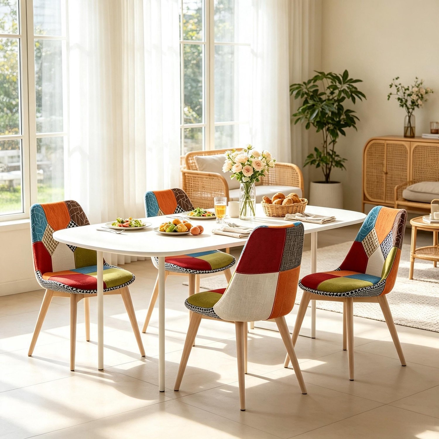 STILVORA Eetkamerstoel - Set Van 4 - Gewatteerde Zitting Met Houten Poten - Voor Eetkamer, Keuken En Werkkamer - Stoffen Bekleding - Multicolor