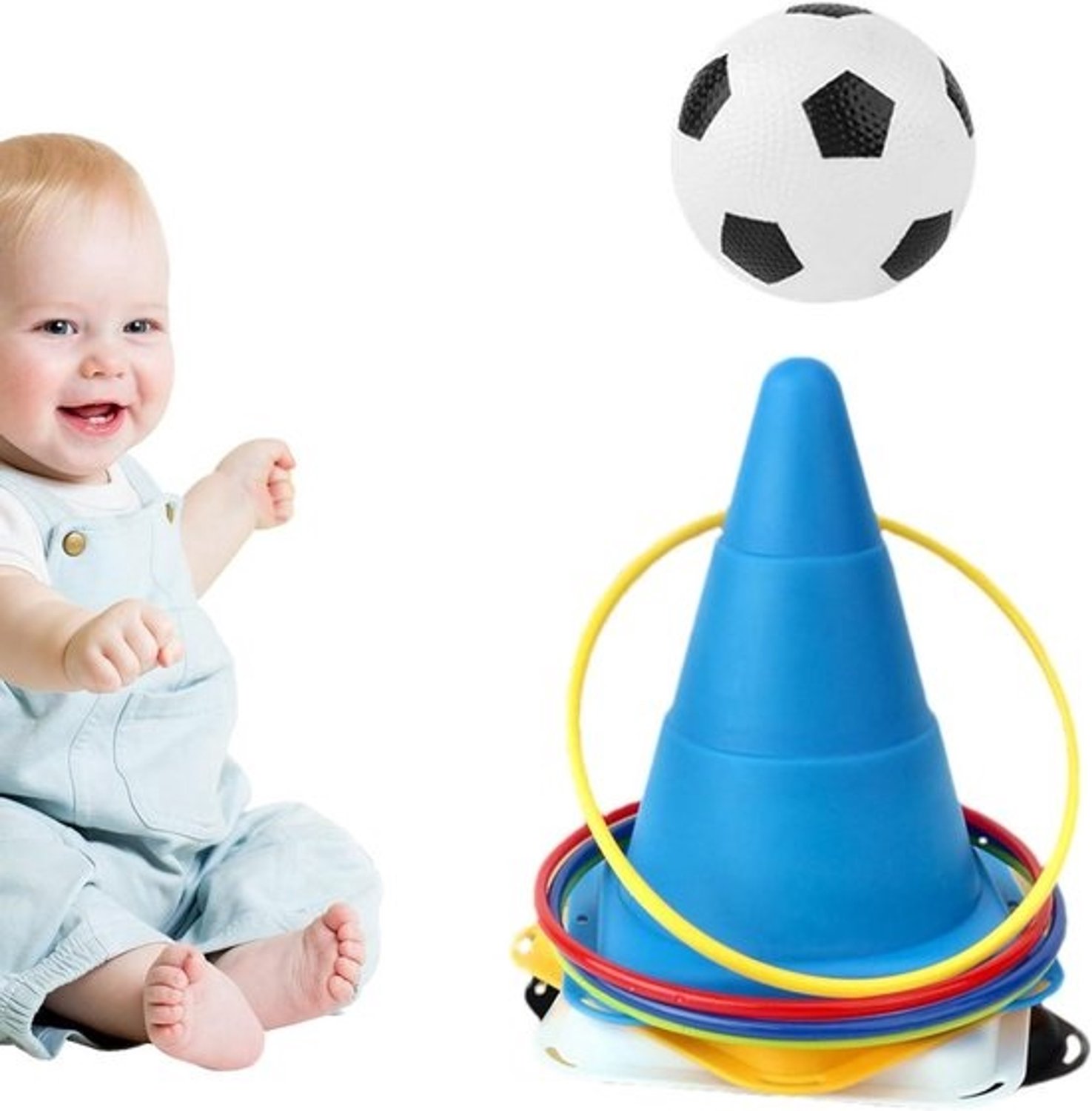 Ringwerpspel - Werpspel met kegels - Voor buiten spelen - Verbetert de motoriek - 12 ringen en 4 kegels - Voetbal