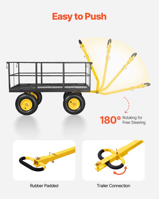 VEVOR-Wagen 116,8 X 76 X 77,5 cm, Transportwagen 635 Kg, Tuinwagen, Gereedschapswagen, 2-in-1 Handwagen, met All-Terrain Banden, Afneembare Zijpanelen van Gaas en 180° Draaibare Handgreep — afbeelding 5