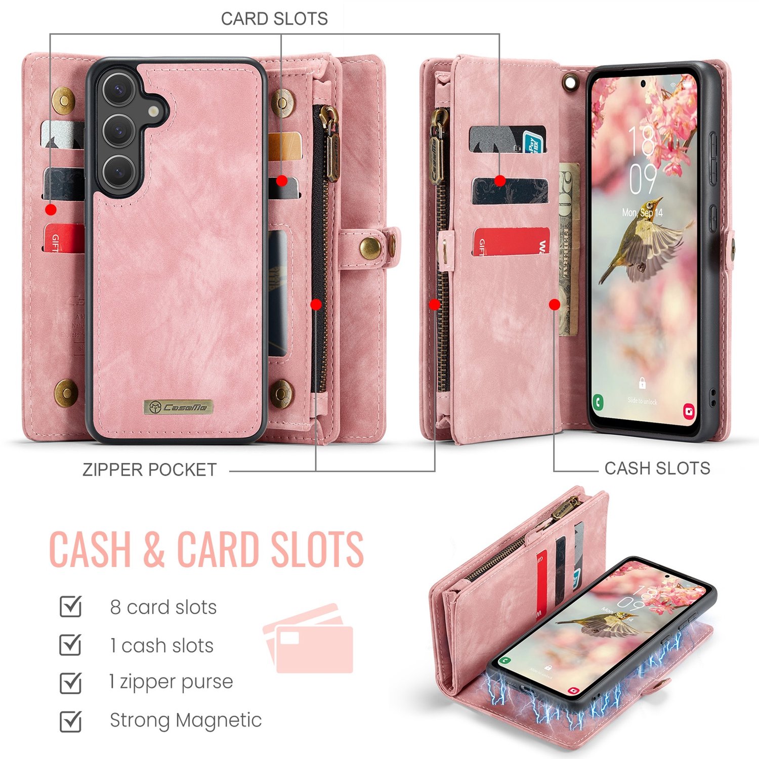 CaseMe Hoesje - Geschikt voor Samsung Galaxy S26 FE Hoesje - CaseMe 008 2-in-1 Book Case & Back Cover met Portemonnee - Roze