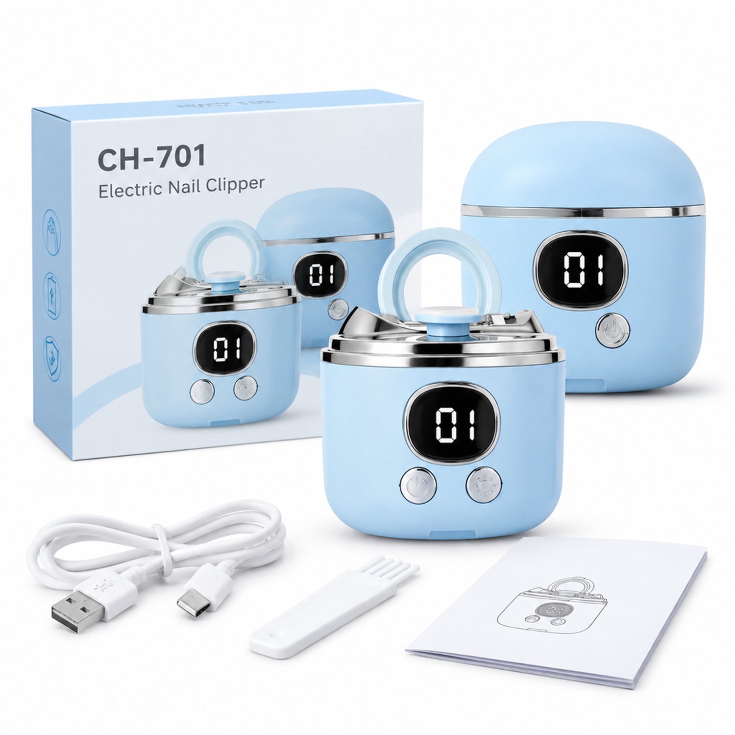 Elektrische nagelknipper - model CH-701 - ontwerp met twee koppen - voor dagelijks thuisgebruik - met doos borstel laadkabel hoofdunit en handleiding