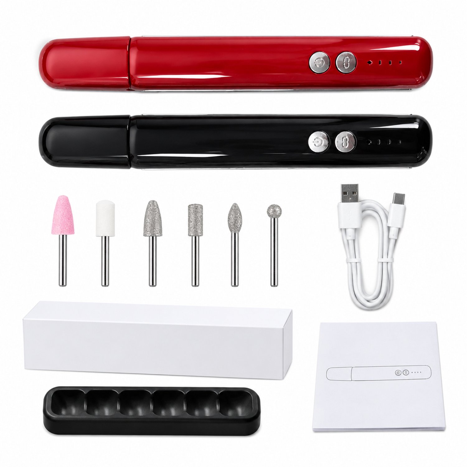Elektrische nageltrimmer - 6 slijpkoppen - opladen via USB Type-C - zwarte set - met apparaat en handleiding
