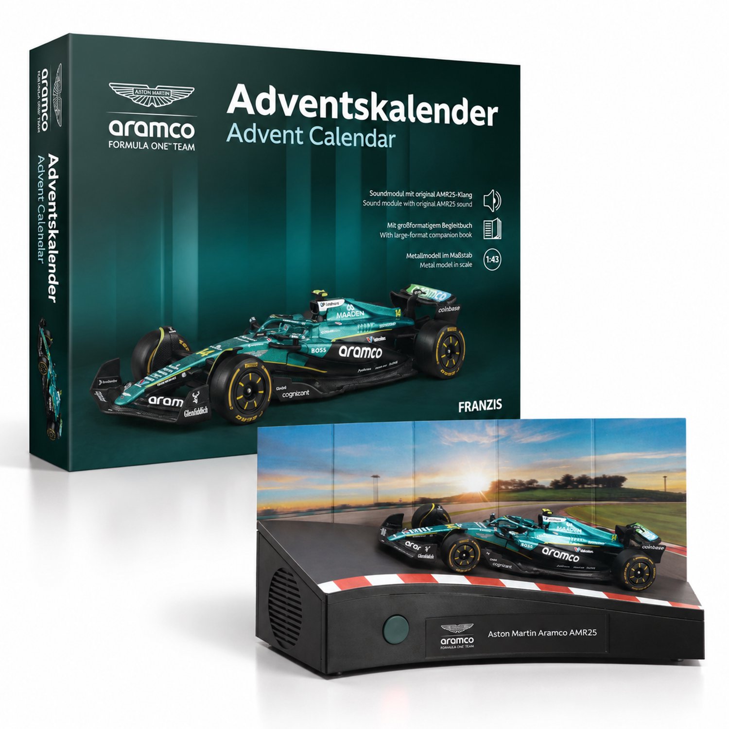 Franzis Adventskalender 2026 - Formule 1 - 67325 Aston Martin Aramco AMR25 - Fernando Alonso - Metalen Modelbouwpakket Adventskalender - met Geluid - 1:43