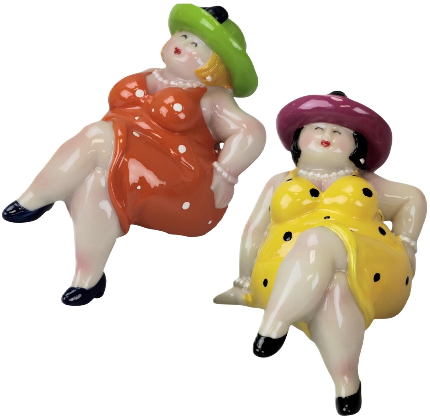 Woonkamer decoratie beeldje - zittend - dikke of mollige dame - jurk oranje / geel- 15 cm