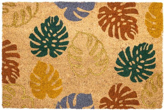 Kokos deurmat met glitter en bladerenprint in groen, bruin, geel en blauw.