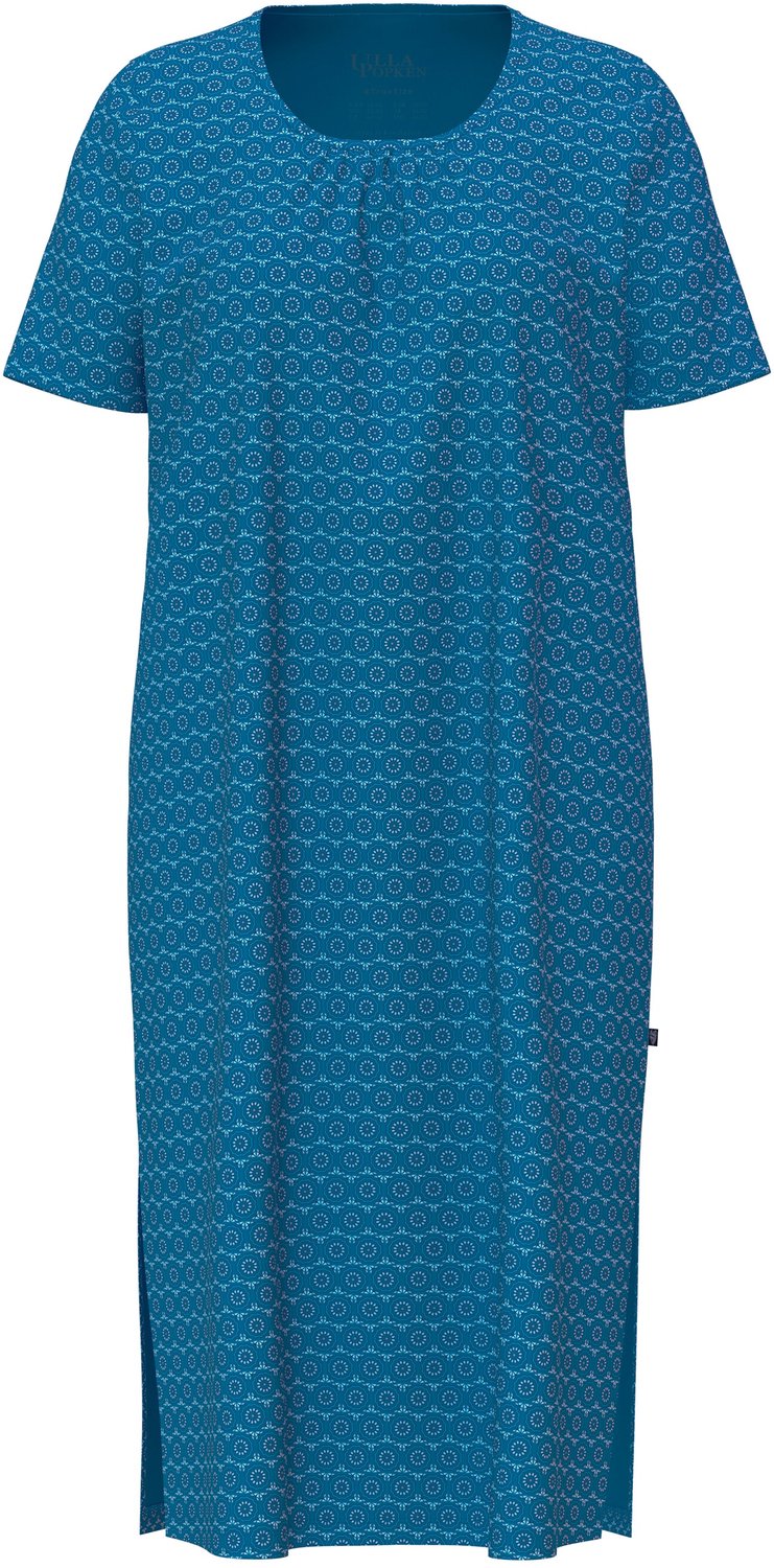 Ulla Popken - Dames - Bigshirt met patroon ronde hals korte mouwen extra lang - Petrol - Maat 54+