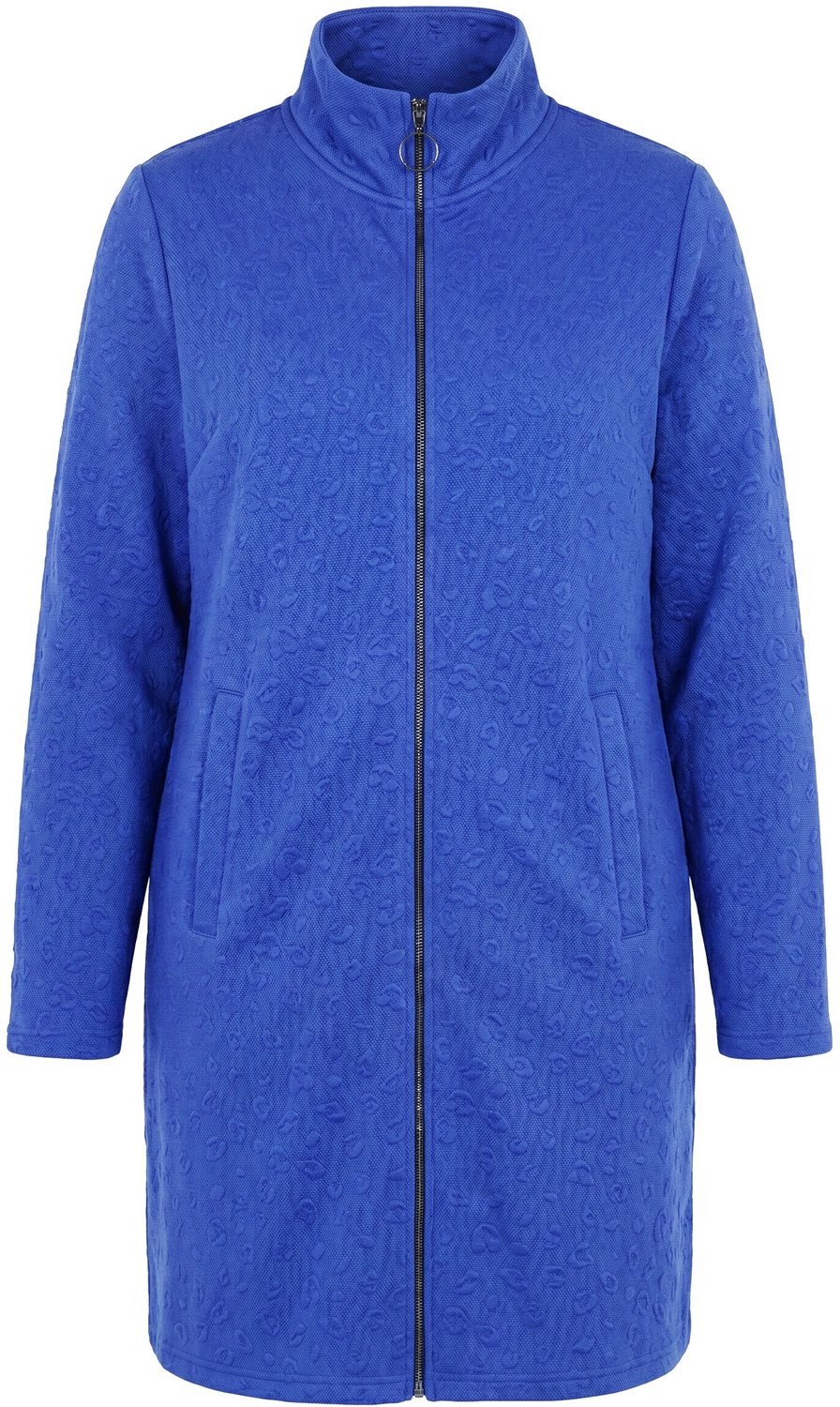 Ulla Popken - Dames - Lange sweatjas luipaardpatroon opstaande kraag - Pauwenblauw - Maat 50+
