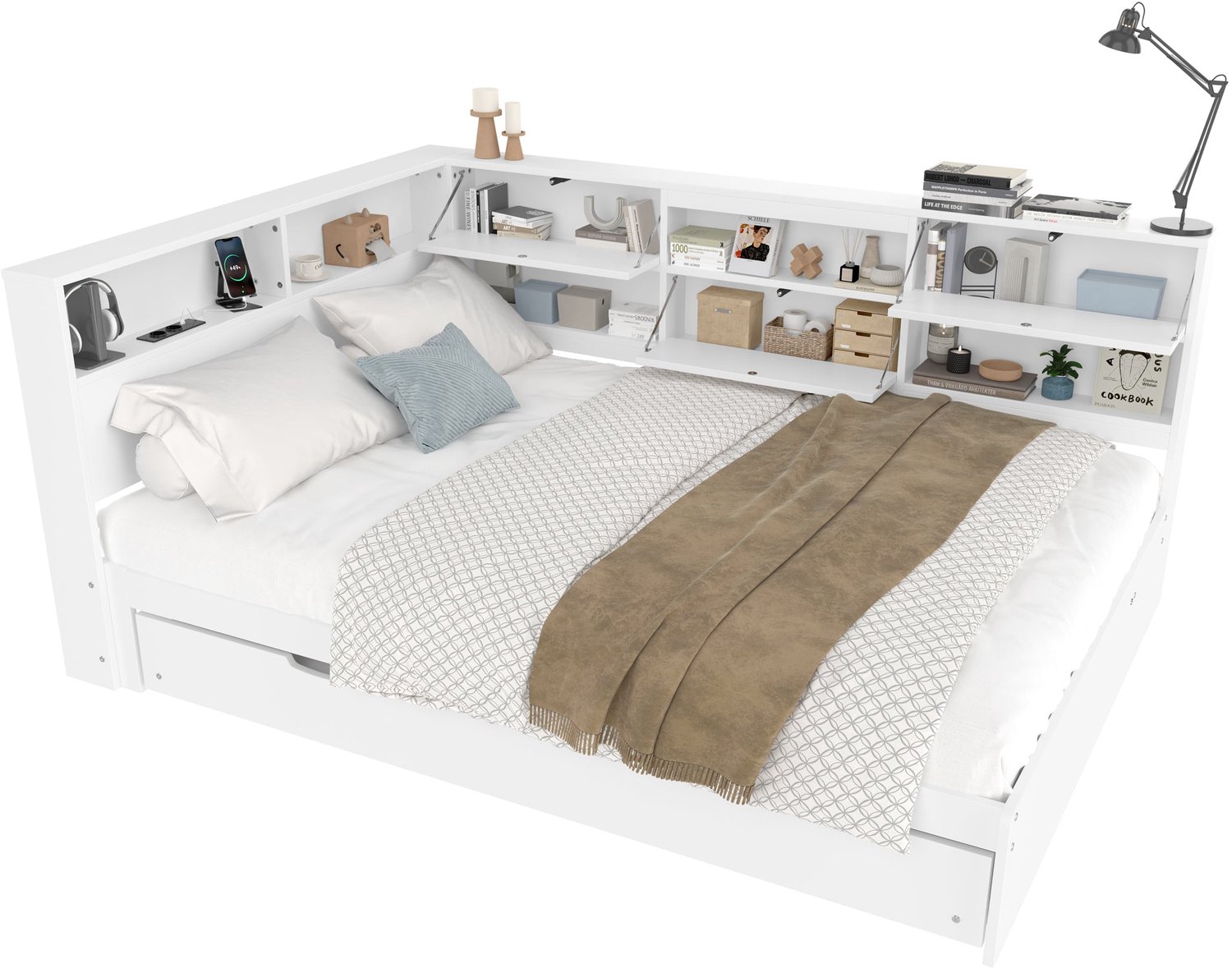 Merax Slaapbank 140 x 200 cm - Uitschuifbaar Logeerbed 90 x 190 cm - Wit - Met Opbergruimte - Oplaadaansluitingen - Houten Lattenbodems - Zonder Matrassen