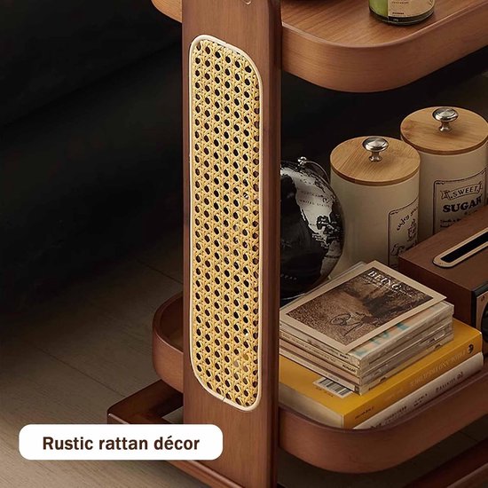 Bamboe bijzettafel, 2-laags opslag met rotan accenten & 360° stille wielen, bank nachtkastje voor thuiskantoor slaapzaal — afbeelding 3