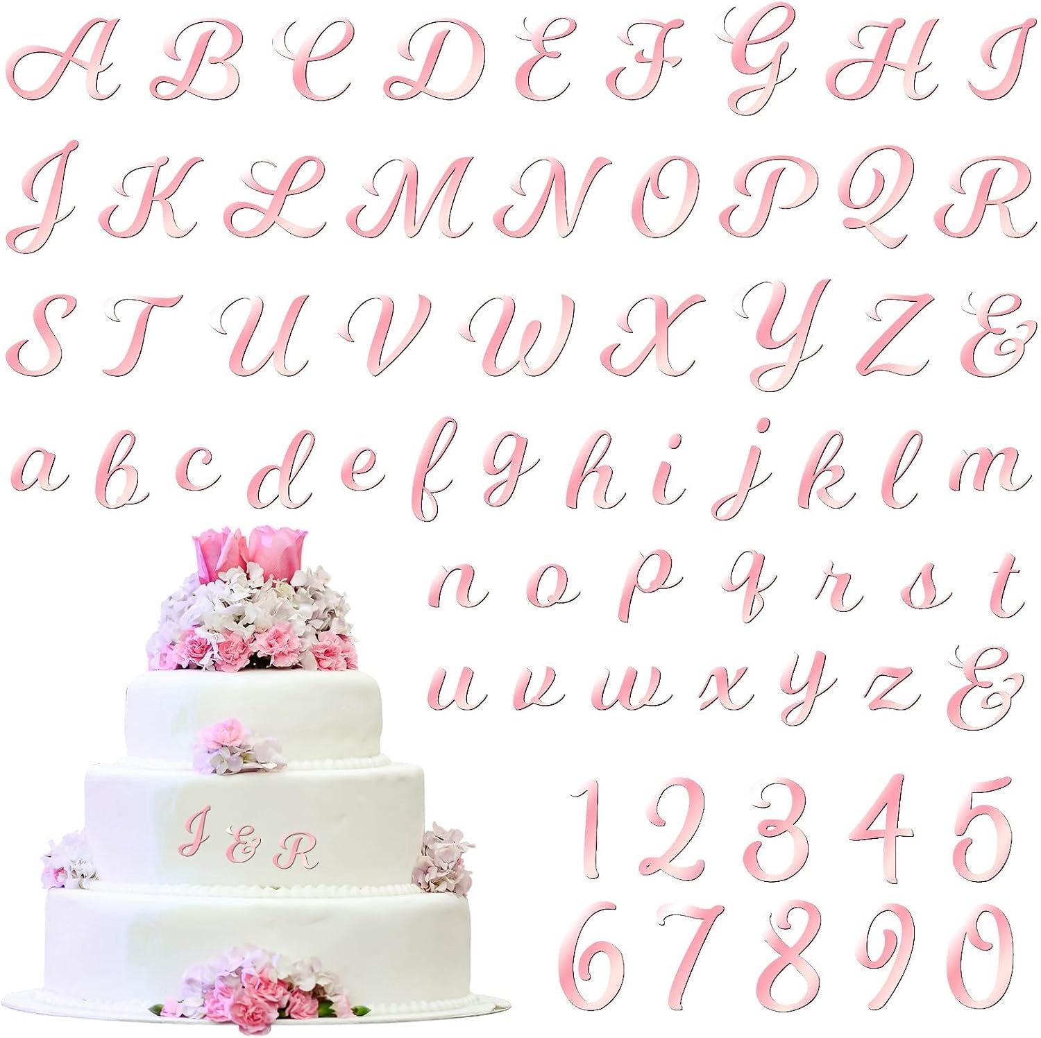 64 stuks roze acryl taarttopper letters en cijfers set A-Z & 0-9