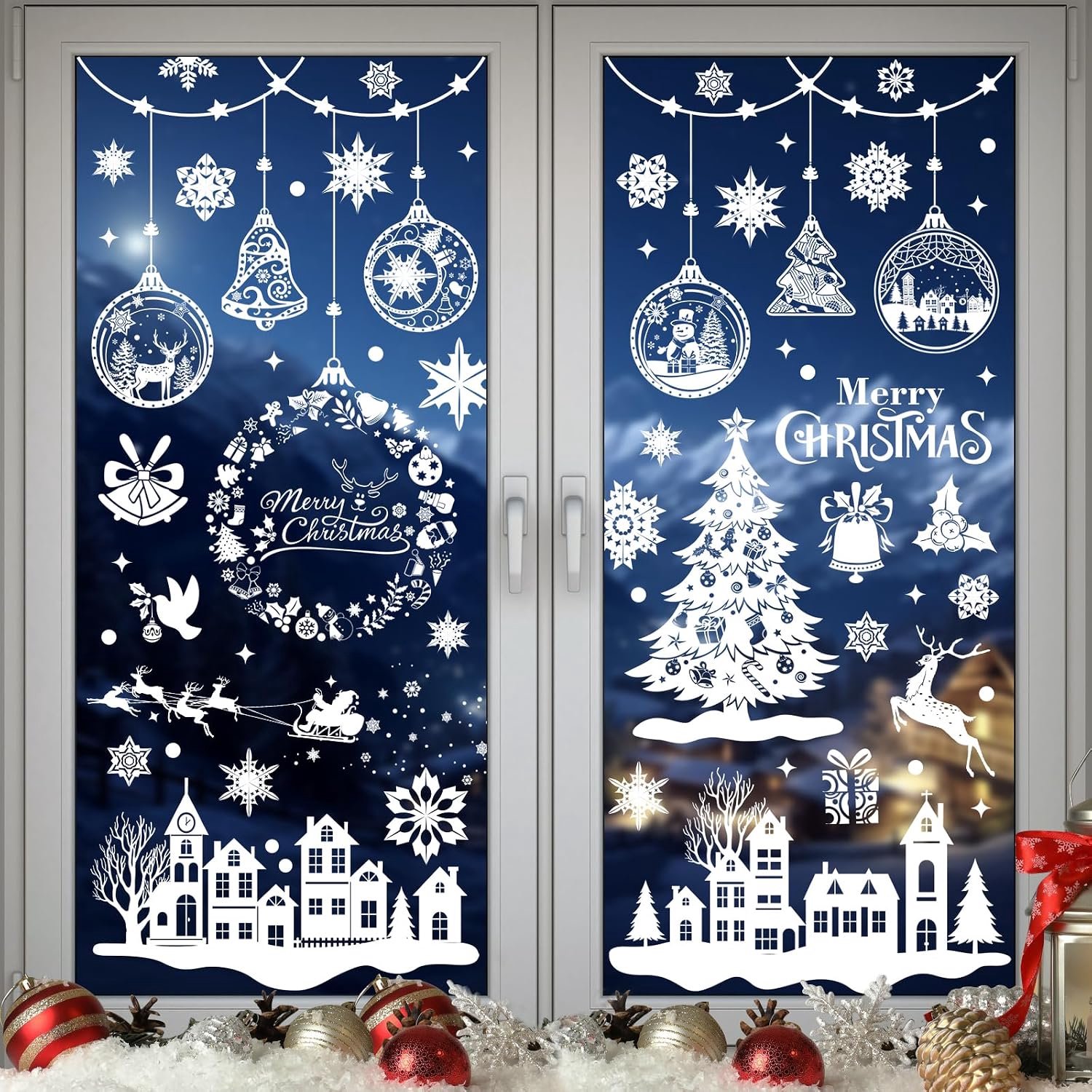 Kerststickers, 244 stuks, kerststickers, raam, 9 vellen, elektrostatische pvc-stickers, Kerstmis, sneeuwvlok, decoratie, Kerstmis, binnen, huis, voor glazen deur
