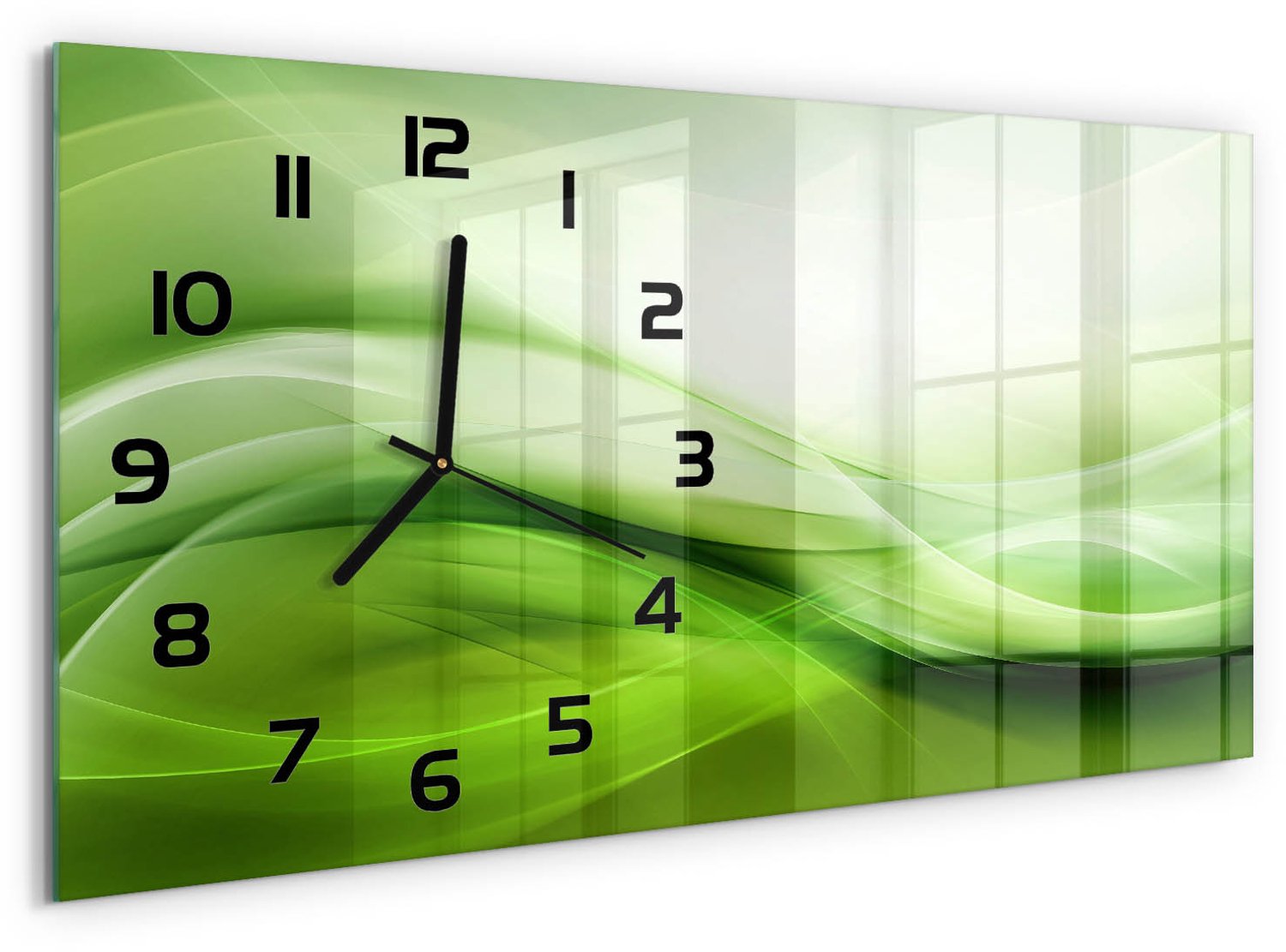 TULUP Wandklok - Groene golven achtergrond Wandklok Glas Decoratie - 60x30 cm - Groente Gekleurde Glazen Klok - Zwarte handen - Rechthoekige Klok - Klok Glas Met Opdruk - Moderne Wandklok Glas
