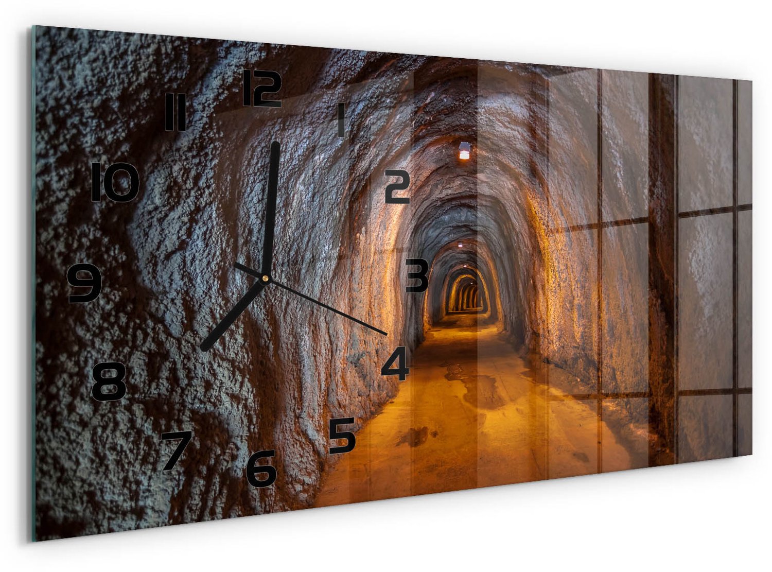 TULUP Wandklok - Ondergrondse tunnel Wandklok Glas Decoratie - 60x30 cm - Oranje Gekleurde Glazen Klok - Zwarte handen - Rechthoekige Klok - Klok Glas Met Opdruk - Moderne Wandklok Glas