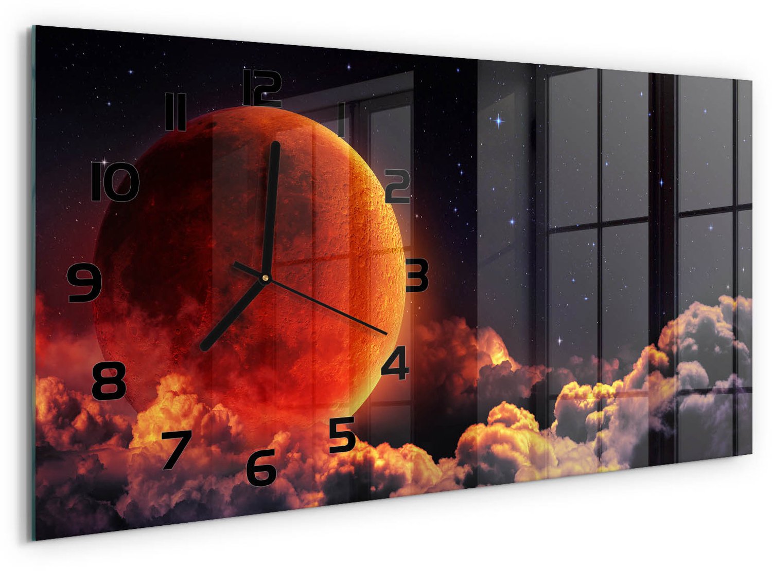 TULUP Wandklok - Maansverduistering Glazen Wandklok Design - 60x30 cm - Rood Klok Glas Met Opdruk - Zwarte handen - Rechthoekige Klok - Wandklok Glas Met Motief - Decoratieve Glazen Klok