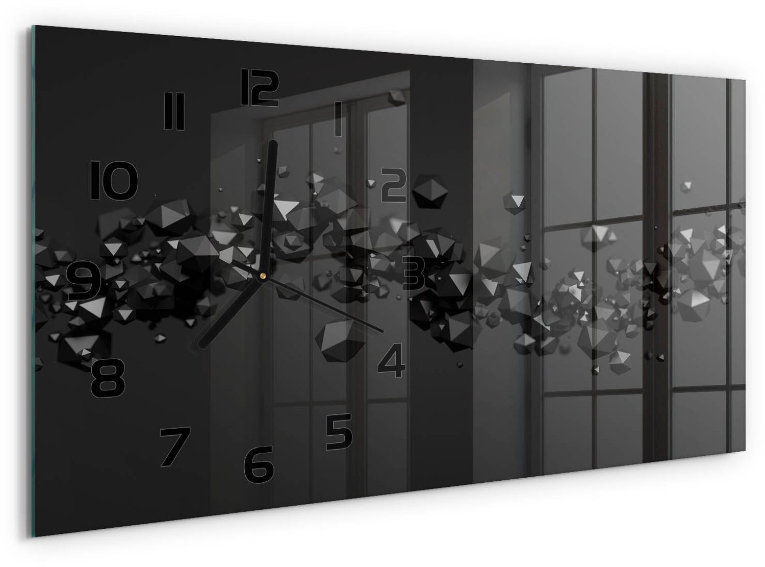 TULUP Wandklok - 3D-abstractie Klok Glas Met Opdruk - 60x30 cm - Zwart Moderne Wandklok Glas - Zwarte handen - Rechthoekige Klok - Decoratieve Glazen Klok - Glazen Wandklok Design