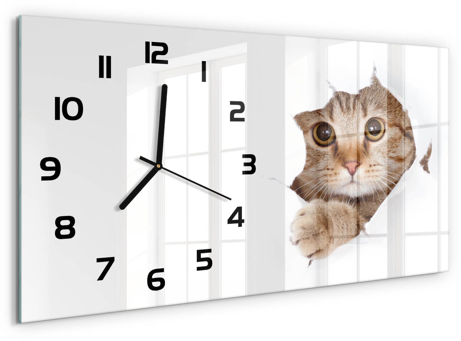 TULUP Wandklok - Kat Wandklok Glas Met Motief - 60x30 cm - Beige Decoratieve Glazen Klok - Zwarte handen - Rechthoekige Klok - Gekleurde Glazen Klok - Glazen Klok Met Print