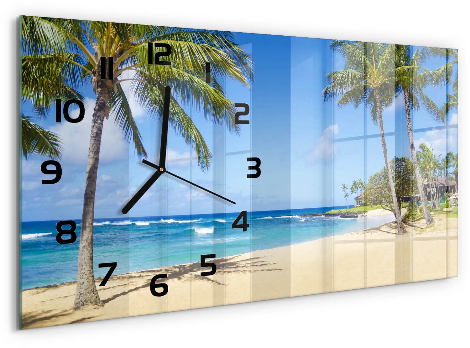 TULUP Wandklok - Tropisch strand Decoratieve Glazen Klok - 60x30 cm - Blauw Glazen Wandklok Design - Zwarte handen - Rechthoekige Klok - Glazen Klok Met Print - Wandklok Glas Met Motief