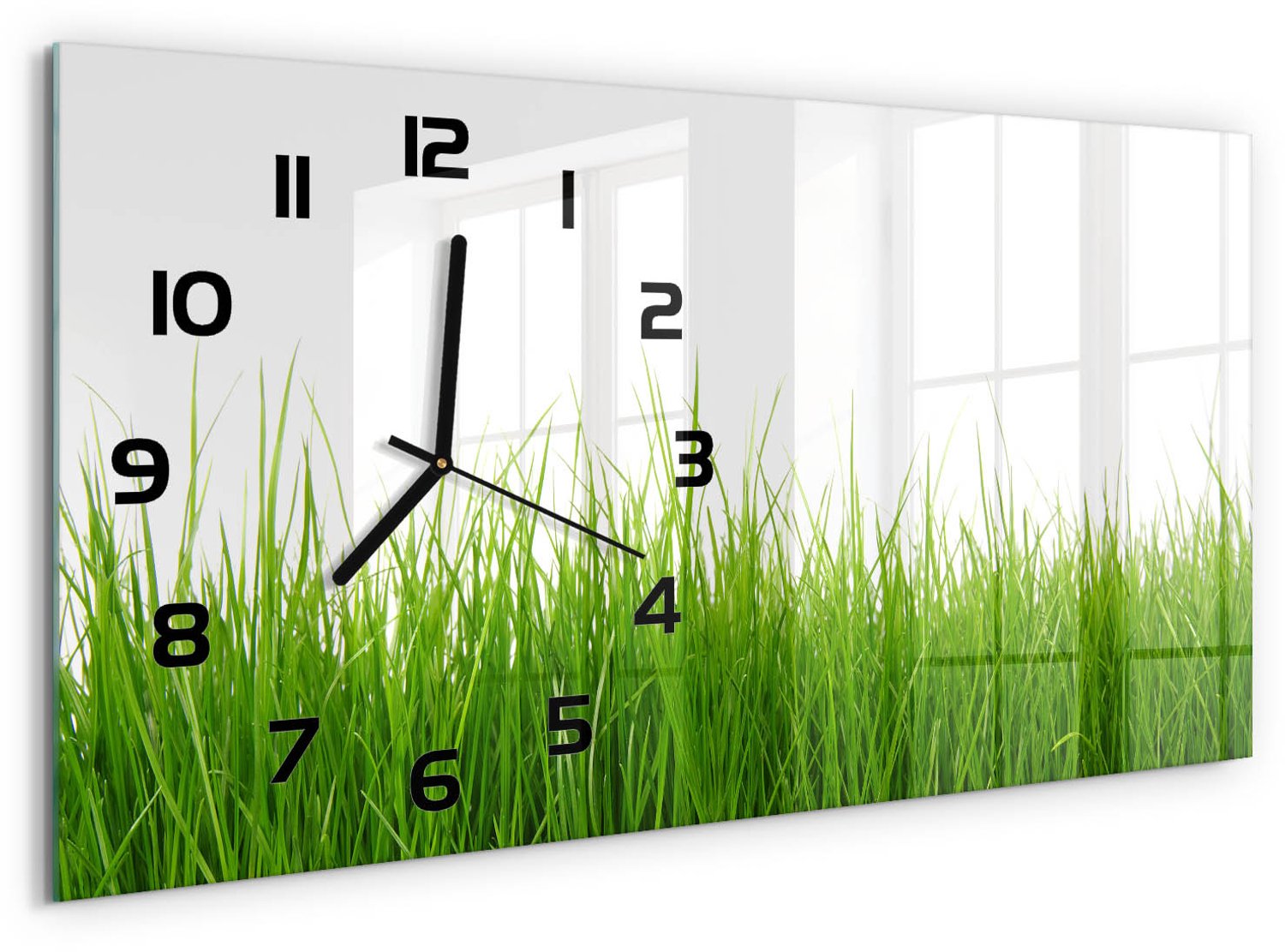 TULUP Wandklok - Gras Wandklok Glas Met Motief - 60x30 cm - Groente Decoratieve Glazen Klok - Zwarte handen - Rechthoekige Klok - Gekleurde Glazen Klok - Glazen Klok Met Print