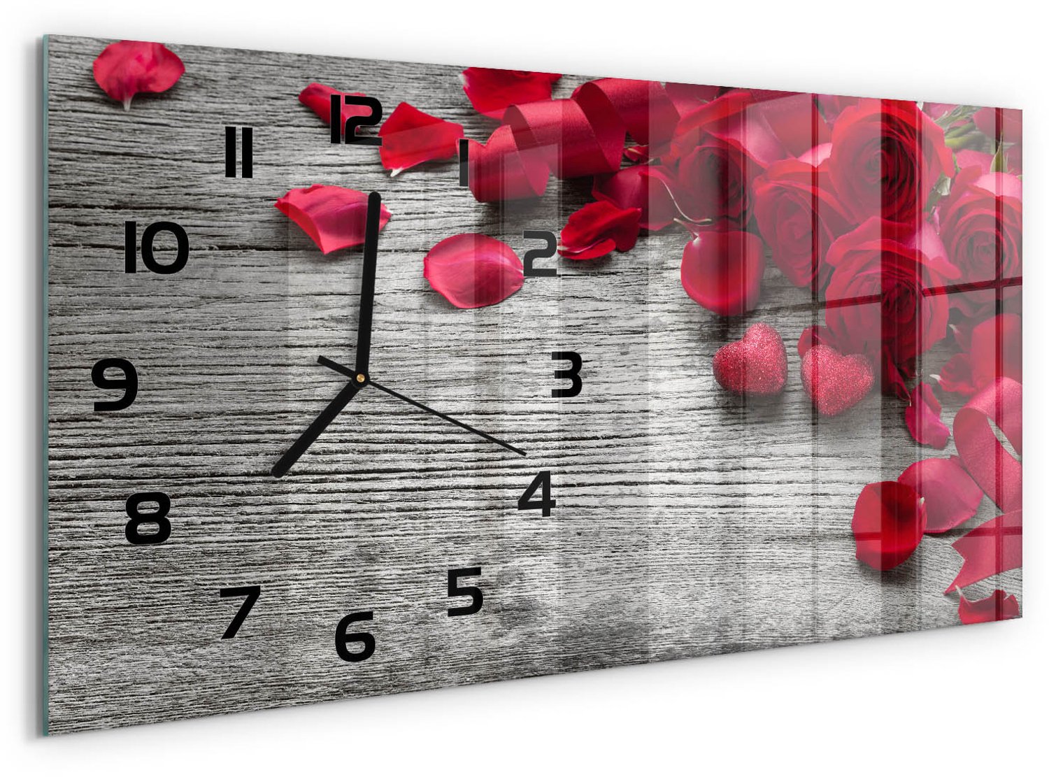 TULUP Wandklok - Rode rozen Moderne Wandklok Glas - 60x30 cm - Rood Wandklok Glas Decoratie - Zwarte handen - Rechthoekige Klok - Glazen Wandklok Design - Klok Glas Met Opdruk